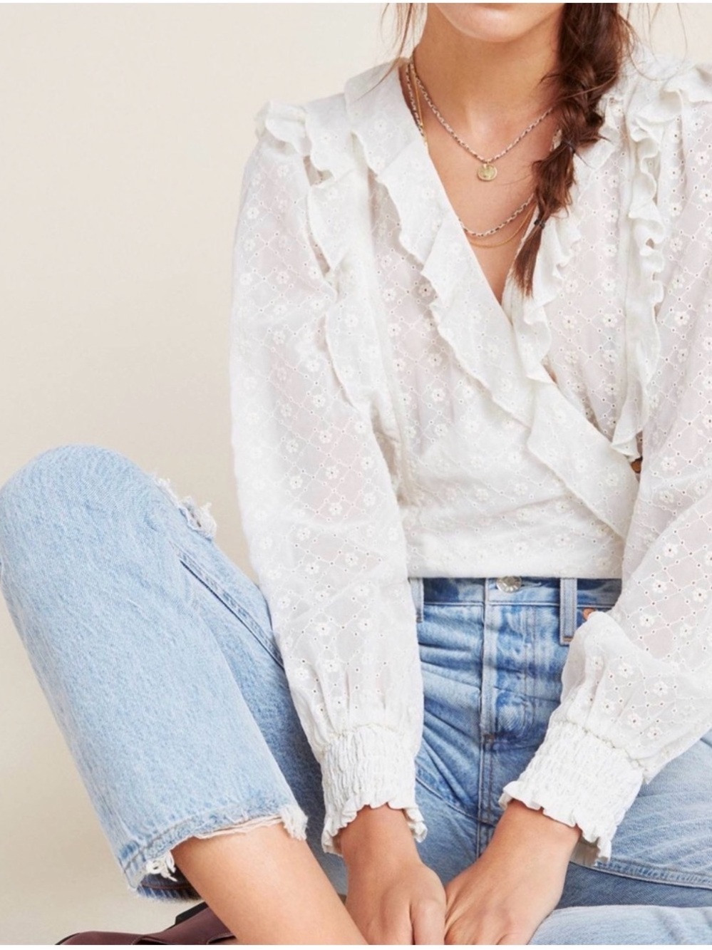 Anthropologie Ivory Lace Ruffle Blouse
